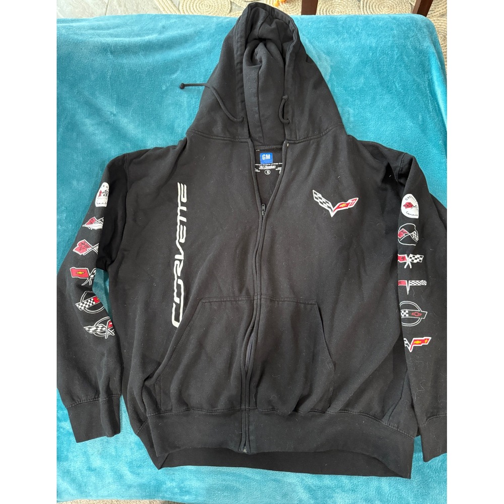 JH Design GM Chevrolet Corvette Black Full Zip Hoodie Multi Logo Mens XL